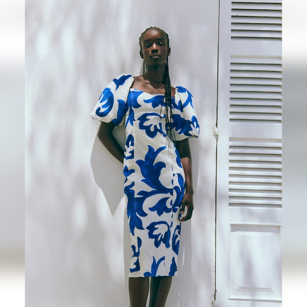 H&M Blue and White Sheath Dress with Balloon Sleeves for Resort Wear (SOLD OUT)